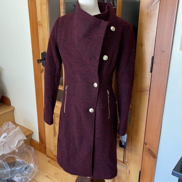 Wine Military Coat Gold Buttons Asymmetrical Foldover Collar Small NWT - Picture 2 of 14